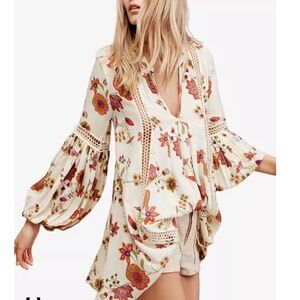 Free People Cream Floral Printed Tunic/Dress Just The Two Of Us XS
